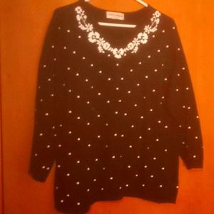 Sweater, black with white dots and flower trim
